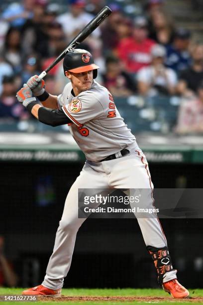 Ryan Mountcastle of the Baltimore Orioles bats during the seventh inning against the Cleveland Guardians at Progressive Field on September 01, 2022...
