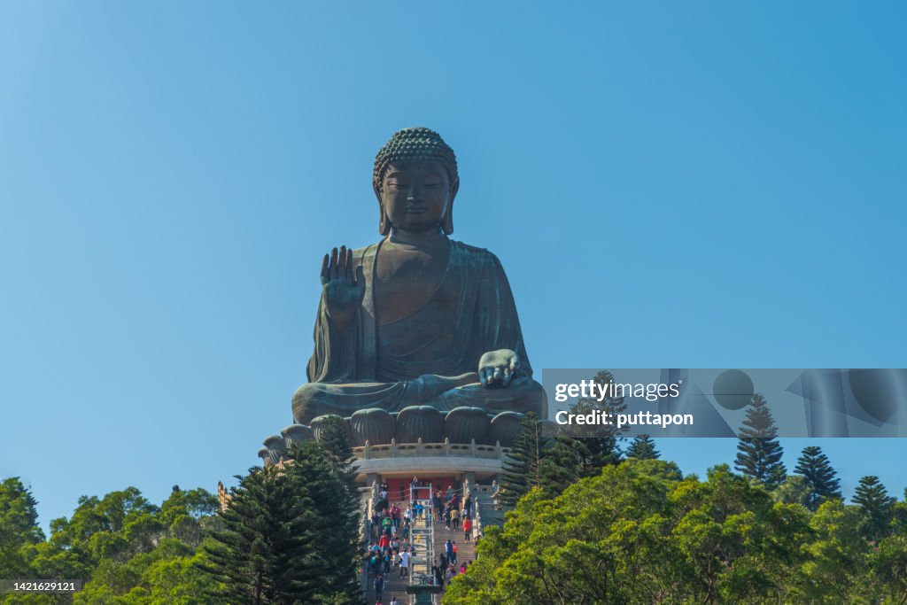 Stairway leading to the Big Buddha statue at Ngong Ping in morning, Lantau Island, Hong Kong