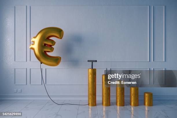 inflated balloon euro sign - inflation risk stock pictures, royalty-free photos & images