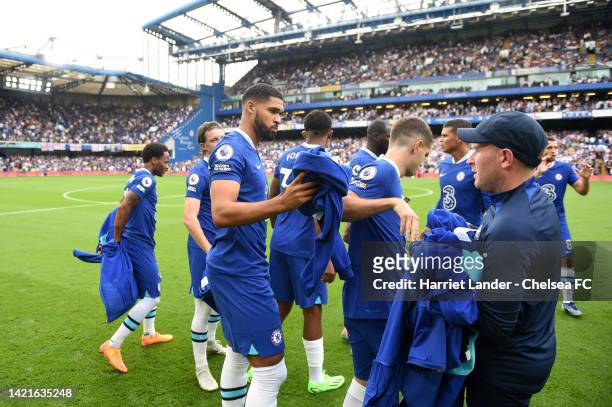 Ruben Loftus-Cheek of Chelsea removes his pre-match jacket prior to the Premier League match between Chelsea FC and West Ham United at Stamford...