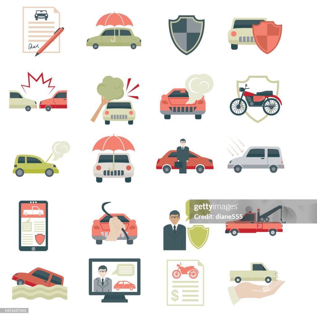 Flat Color Auto Insurance Icon Set