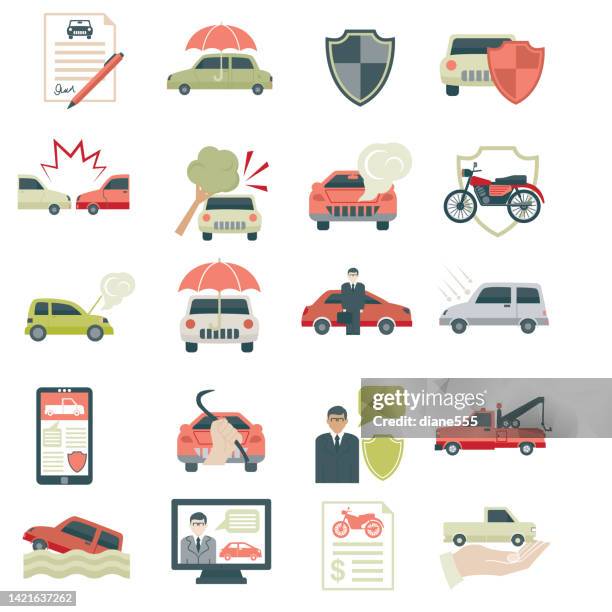 flat color auto insurance icon set - tow truck icons stock illustrations