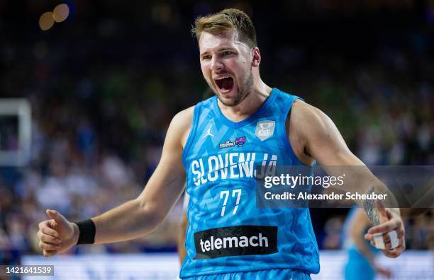 Luka Doncic of Slovenia reacts during the FIBA EuroBasket 2022 group B match between France and Slovenia at Lanxess Arena on September 07, 2022 in...