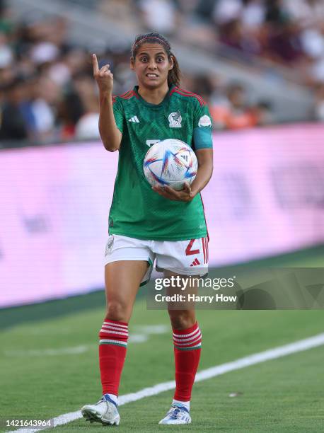 Kenti Robles of Mexico reacts before throwing in the ball in a 2-0 win over Angel City FC during the Copa Angelina 2022 at Banc of California Stadium...