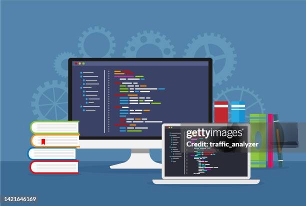 softwareentwicklung ide - flat design - javascript stock-grafiken, -clipart, -cartoons und -symbole