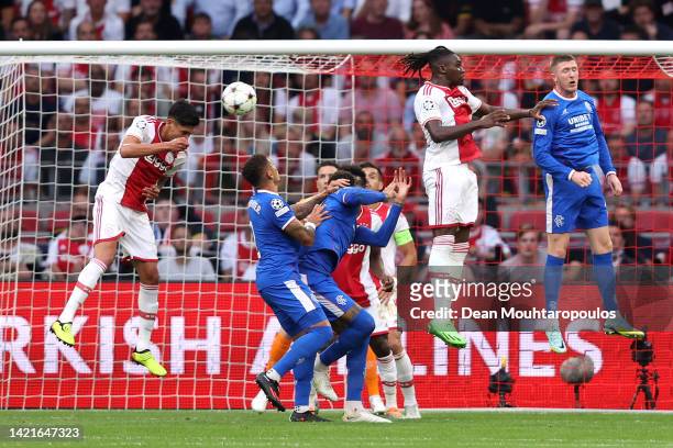 Edson Alvarez of Ajax scores their team's first goal with a header during the UEFA Champions League group A match between AFC Ajax and Rangers FC at...