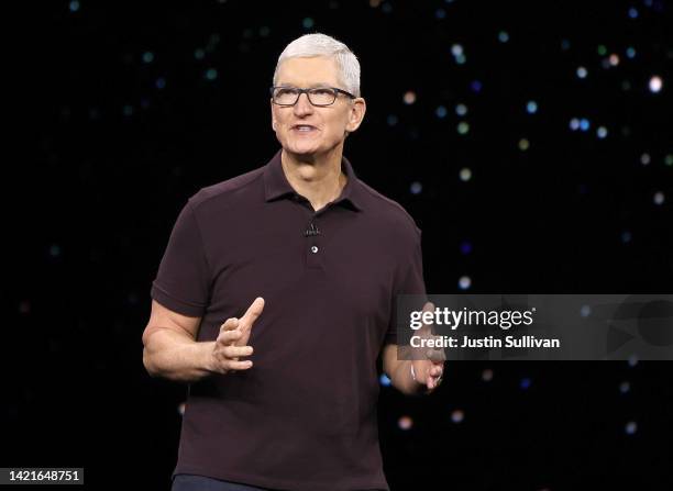 Apple CEO Tim Cook delivers a keynote address during an Apple special event on September 07, 2022 in Cupertino, California. Apple is expected to...