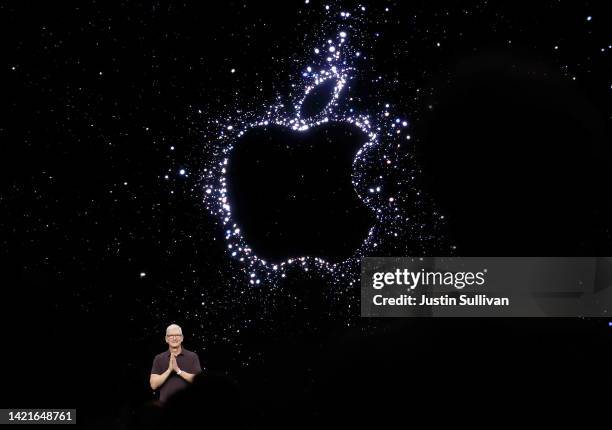 Apple CEO Tim Cook delivers a keynote address during an Apple special event on September 07, 2022 in Cupertino, California. Apple is expected to...