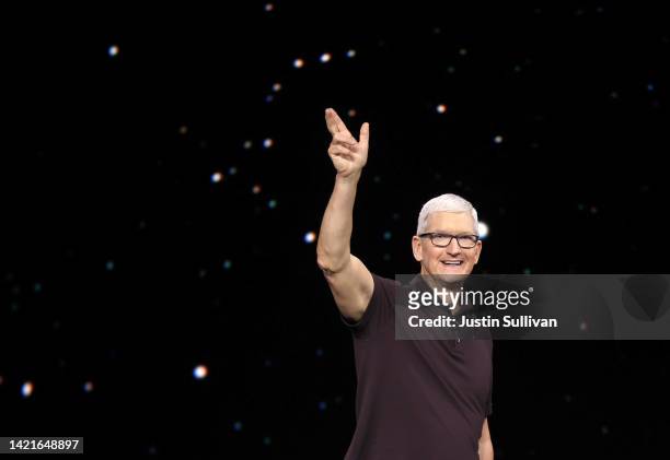 Apple CEO Tim Cook delivers a keynote address during an Apple special event on September 07, 2022 in Cupertino, California. Apple is expected to...