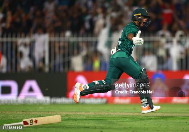 Naseem Shah of Pakistan celebrates after hitting the winning runs during the DP World Asia Cup match between Afghanistan and Pakistan at Sharjah...