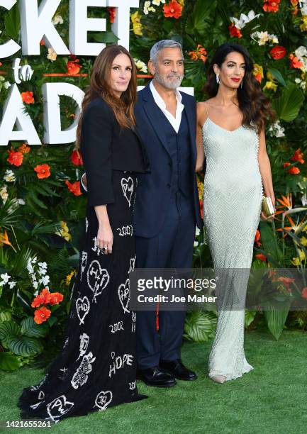 Julia Roberts, Amal Clooney and George Clooney attend the "Ticket To Paradise" World Film Premiere at Odeon Luxe Leicester Square on September 07,...