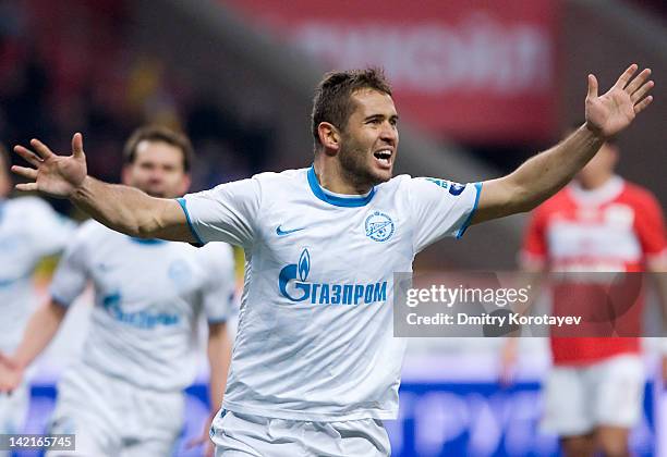 Aleksandr Kerzhakov of FC Zenit St. Petersburg celebrates after scoring a goal during the Russian Football League Championship match between FC...