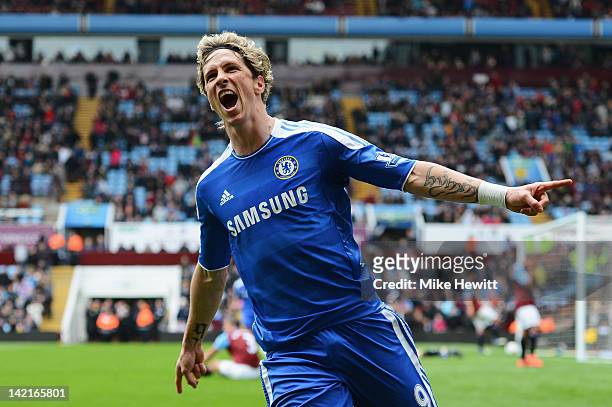 Fernando Torres of Chelsea celebrates his goal during the Barclays Premier League match between Aston Villa and Chelsea at Villa Park on March 31,...