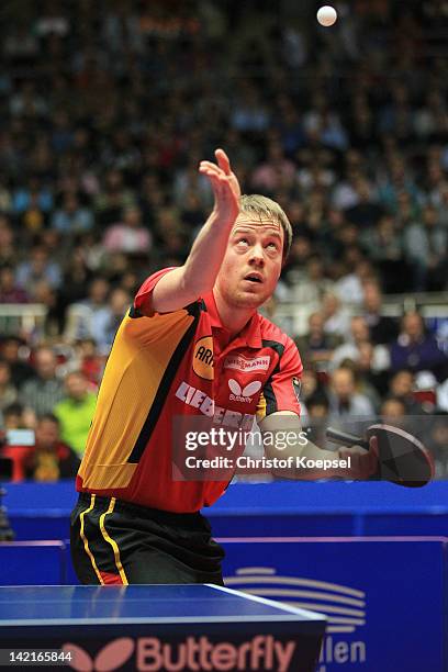 Patrick Baum of Germany serves during his match against Seiya Kishikawa of Japan during the LIEBHERR table tennis team world cup 2012 championship...