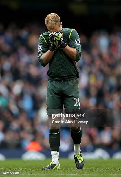 Joe Hart of Manchester City shows his dejection during the Barclays Premier League match between Manchester City and Sunderland at the Etihad Stadium...