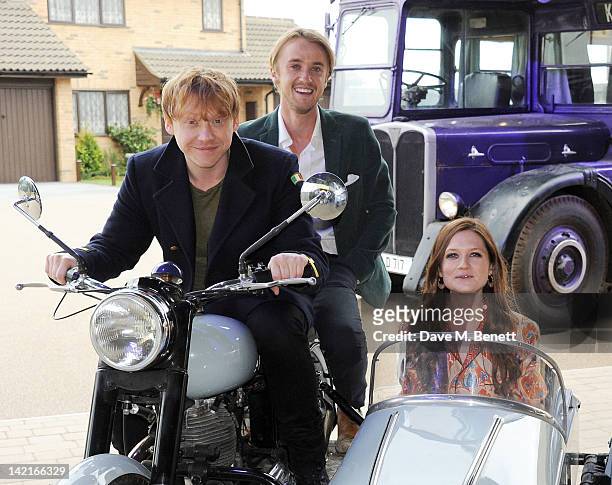 Actors Rupert Grint, Tom Felton and Bonnie Wright attend the Grand Opening of the Warner Bros. Studio Tour London: The Making of Harry Potter on...