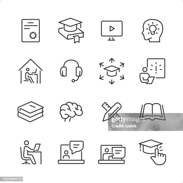 online-bildung - pixel perfect liniensymbolsatz, bearbeitbare strichstärke. - art class stock-grafiken, -clipart, -cartoons und -symbole