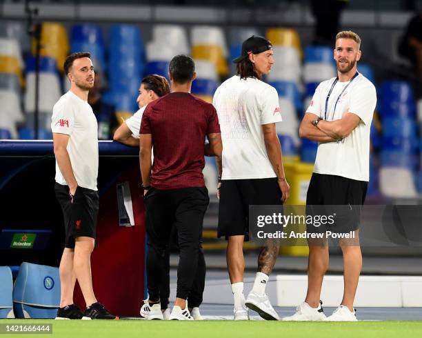 Darwin Nunez of Liverpool with Adrian of Liverpool Diogo Jota of Liverpool beore the UEFA Champions League group A match between SSC Napoli and...