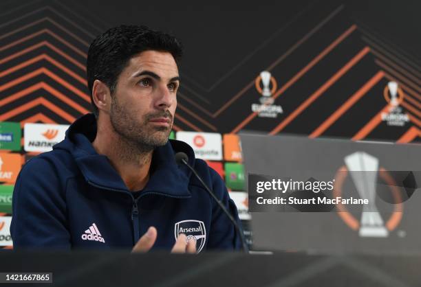 Arsenal manager Mikel Arteta attends a press conference at Kybunpark on September 07, 2022 in St Gallen, Sankt Gallen.