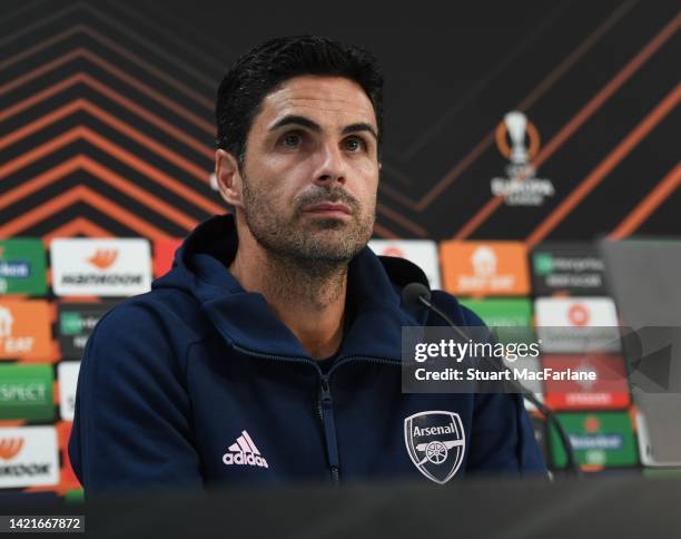 Arsenal manager Mikel Arteta attends a press conference at Kybunpark on September 07, 2022 in St Gallen, Sankt Gallen.