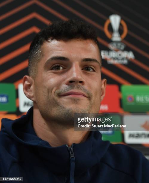 Arsenal's Granit Xhaka attends a press conference at Kybunpark on September 07, 2022 in St Gallen, Sankt Gallen.