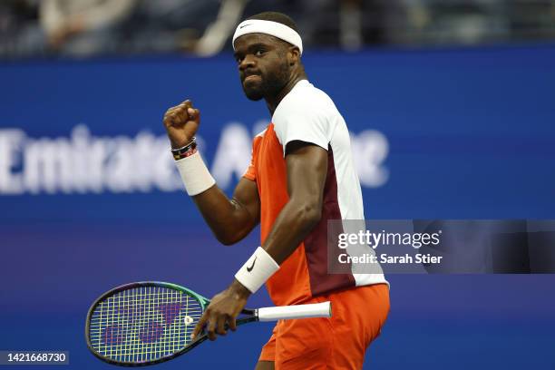 Frances Tiafoe of the United States celebrates a point against Andrey Rublev during the Men’s Singles Quarterfinal match on Day Ten of the 2022 US...