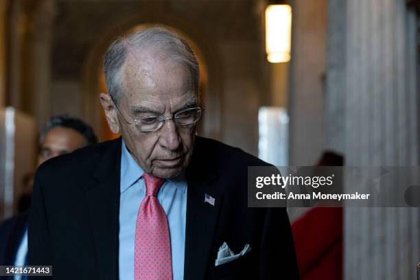 Sen. Chuck Grassley walks to a policy luncheon with Senate Republicans in the U.S. Capitol building on September 07, 2022 in Washington, DC. Senators...