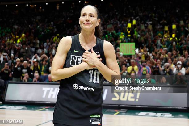 Sue Bird of the Seattle Storm reacts after losing to the Las Vegas Aces 97-92 in her final game of her career during Game Four of the 2022 WNBA...