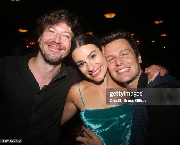 John Gallagher Jr., Lea Michele and Jonathan Groff pose at a celebration for Lea Michele's "Funny Girl" on Broadway opening week at The August Wilson...