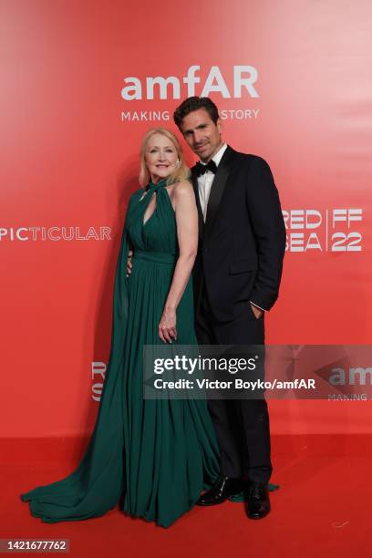 Patricia Clarkson and Andrea Pallaoro attend the amfAR Venice Gala 2022 at Arsenale on September 07, 2022 in Venice, Italy.