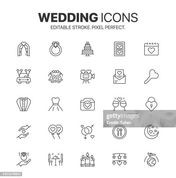 ilustraciones, imágenes clip art, dibujos animados e iconos de stock de conjunto de iconos de boda. matrimonio, compromiso, día de san valentín, símbolo de amor y corazón - honeymoon