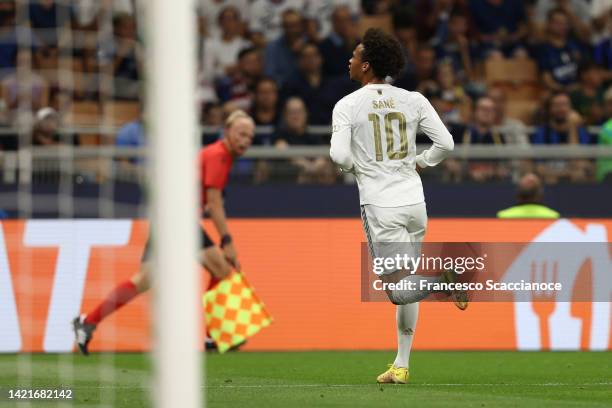 Leroy Sane of FC Bayern München celebrates after scoring his side's first goal of the match during the UEFA Champions League group C match between FC...