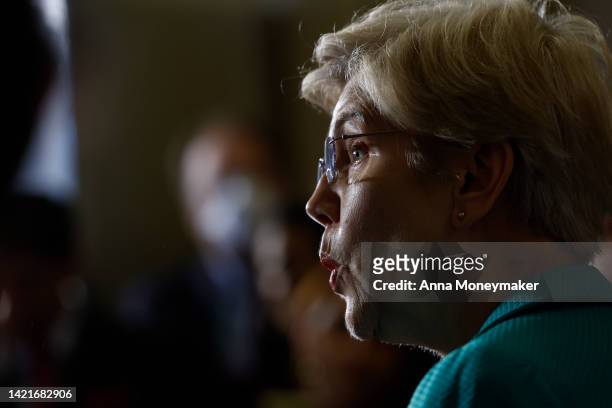 Sen. Elizabeth Warren speaks at a news conference after a policy luncheon with Senate Democrats at the U.S. Capitol Building on September 07, 2022 in...