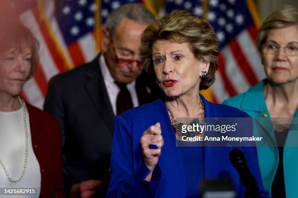 Sen. Debbie Stabenow speaks at a news conference after a policy luncheon with Senate Democrats at the U.S. Capitol Building on September 07, 2022 in...