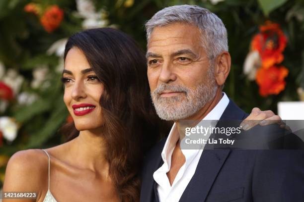 George Clooney and Amal Clooney attend the "Ticket To Paradise" World Premiere at Odeon Luxe Leicester Square on September 07, 2022 in London,...