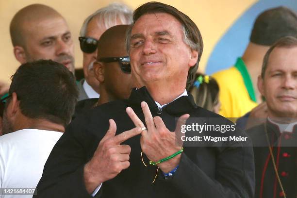 Current president of Brazil and candidate for re-election Jair Bolsonaro gestures during a campaign rally on Brazil's 200th Independence day at...