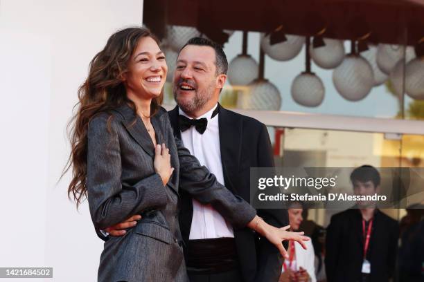 Matteo Salvini and Francesca Verdini attend "The Son" red carpet at the 79th Venice International Film Festival on September 07, 2022 in Venice,...