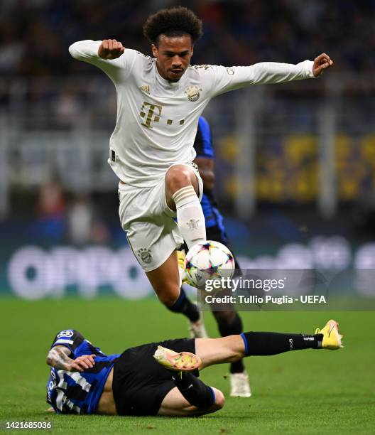 Leroy Sane of Bayern Munich controls the ball while being challenged by Marcelo Brozovic of FC Internazionale during the UEFA Champions League group...