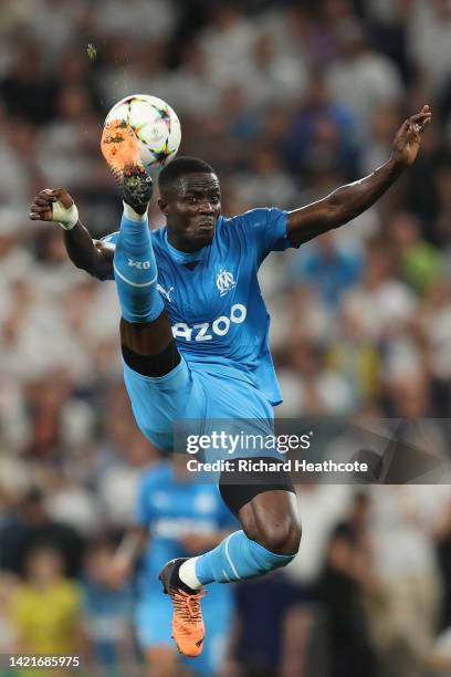 Eric Bailly of Marseille jumps to control the ball during the UEFA Champions League group D match between Tottenham Hotspur and Olympique Marseille...