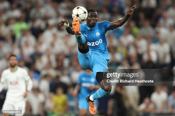 Eric Bailly of Marseille jumps to control the ball during the UEFA Champions League group D match between Tottenham Hotspur and Olympique Marseille...