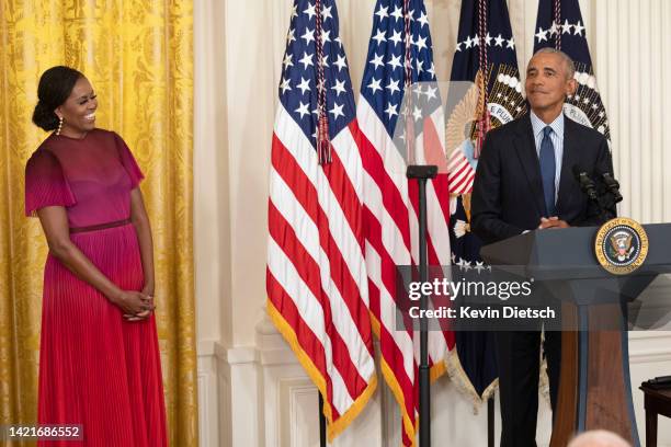 Former U.S. President Barack Obama delivers remarks alongside First Lady Michelle Obama at a ceremony to unveil their official White House portraits...