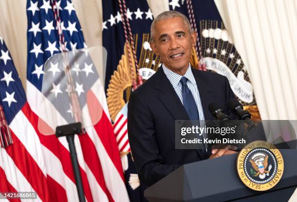 Former U.S. President Barack Obama delivers remarks at a ceremony to unveil the Obama's official White House portraits at the White House on...