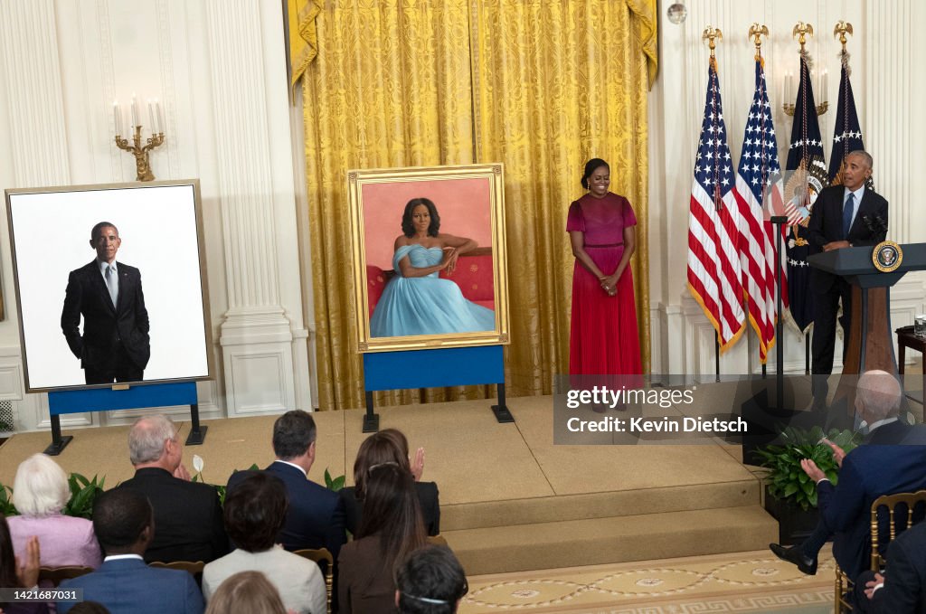 Barack And Michelle Obama Return To White House For Official Portrait Unveiling