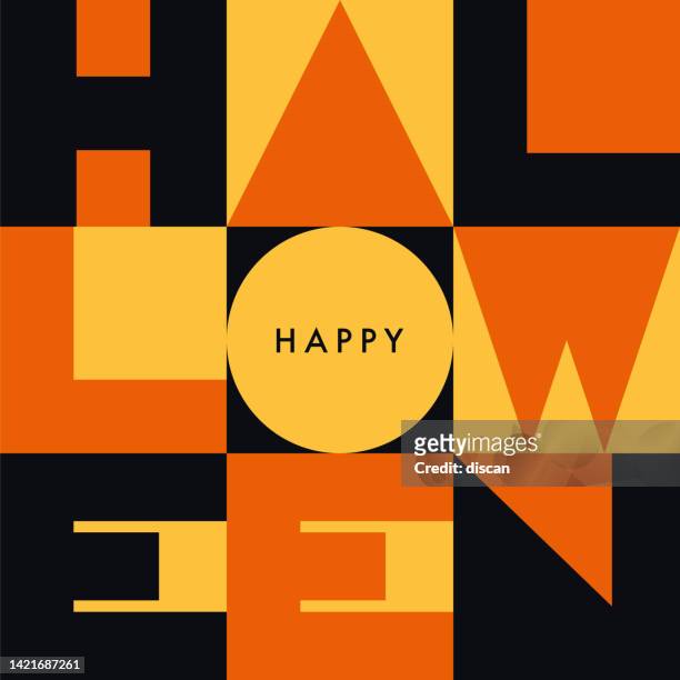 ilustraciones, imágenes clip art, dibujos animados e iconos de stock de feliz tarjeta de felicitación de halloween con tipografía geométrica. - halloween party