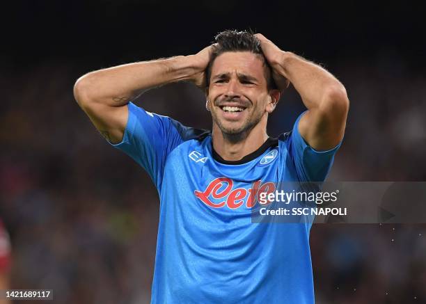 Giovanni Simeone of Napoli celebrates after scoring the first goal of Napoli during the UEFA Champions League group A match between SSC Napoli and...