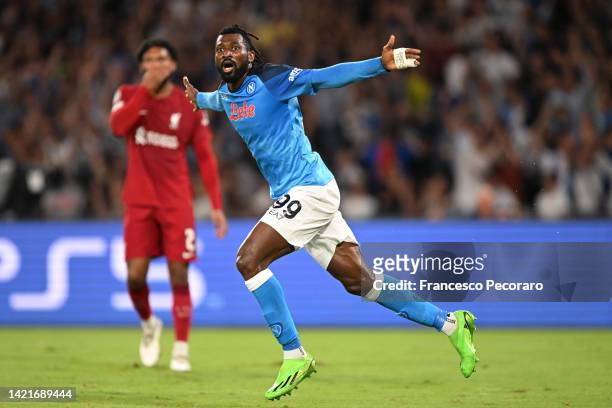 Andre-Frank Zambo Anguissa of SSC Napoli celebrates after scoring their team's second goal during the UEFA Champions League group A match between SSC...