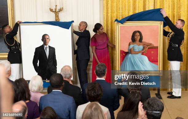 Former U.S. President Barack Obama and First Lady Michelle Obama participate in a ceremony to unveil their official White House portraits at the...