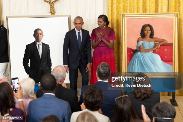 Former U.S. President Barack Obama and First Lady Michelle Obama participate in a ceremony to unveil their official White House portraits at the...