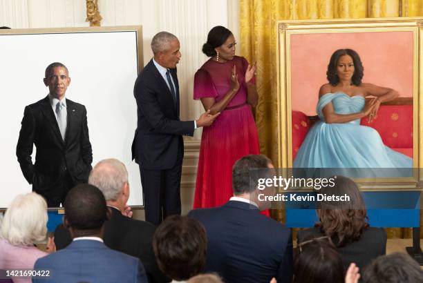 Former U.S. President Barack Obama and First Lady Michelle Obama participate in a ceremony to unveil their official White House portraits at the...