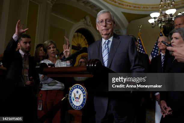 Senate Minority Leader Mitch McConnell speaks during a news conference after a policy luncheon with Senate Republicans at the U.S. Capitol Building...